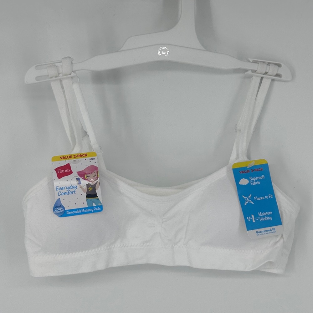 Hanes Girls White Everyday Comfort Sports Bra 2-Pack H189 Small Removable Pads